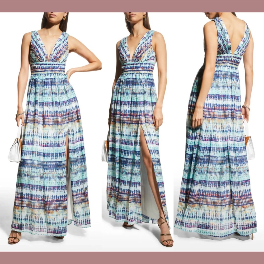 NEW $298 Aidan by Aidan Mattox [ 12‎ ] V Neck Pleated Chiffon Maxi Dress Gown